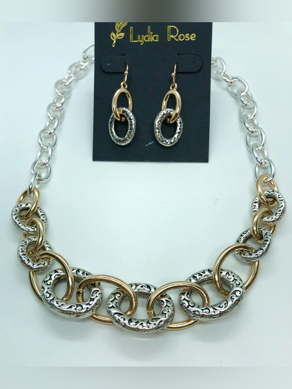 Two-Tone Gold & Silver designer, inspired Link Necklace and Earring Set